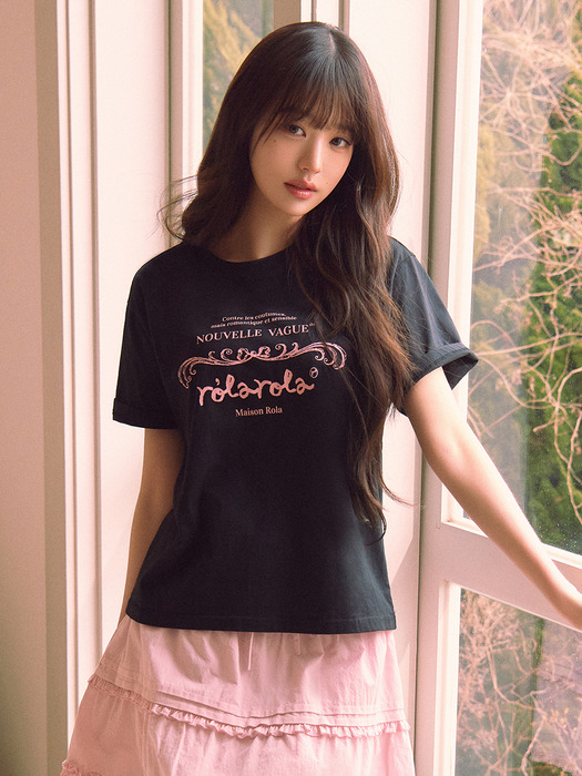 [IVE チャン·ウォニョン モデル着用] VINTAGE NOUVELLE LOGO HALF T-SHIRT BLACK 韓国の人気ファッションブランド