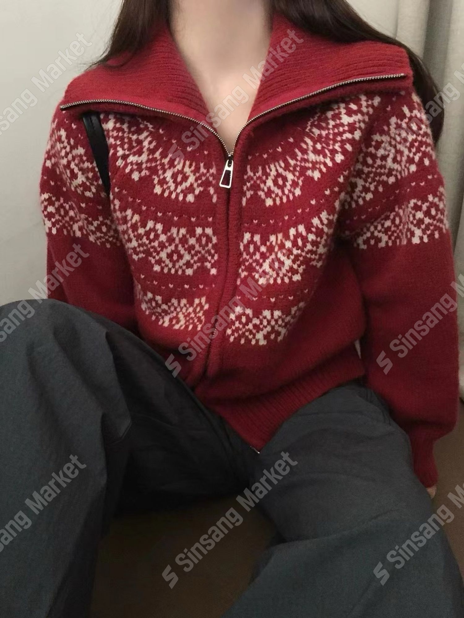 韓国 ブランド 女性用 ジャガード ウール ジップアップ カーディガン セーター 00941890 6,072円