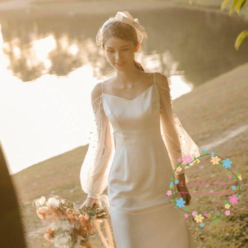 韓国ファッションハンドメイド ホワイト ふわふわ パーティー ウェディングドレス 長袖 かわいい パフスリーブ 軽い 結婚式 前撮り シンプル 披露宴 二次会 シフォン ブライダル