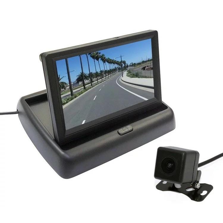 5インチフリップアップモニター 折り畳み式 ワイド画面 映像入力2系統 正像・鏡像切替 ガイドライン切替 小型防水カメラのお得なセット 12V専用 MOT50B021