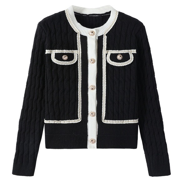 2色 アウター カーディガン レディース 春 きれいめ 軽い ショート丈 長袖 萌袖 Uネック ラウンドネック 襟なし ポケット 前開き 伸縮性 黒 ブラック 青 ブルー パステルカラー 春カラー 秋