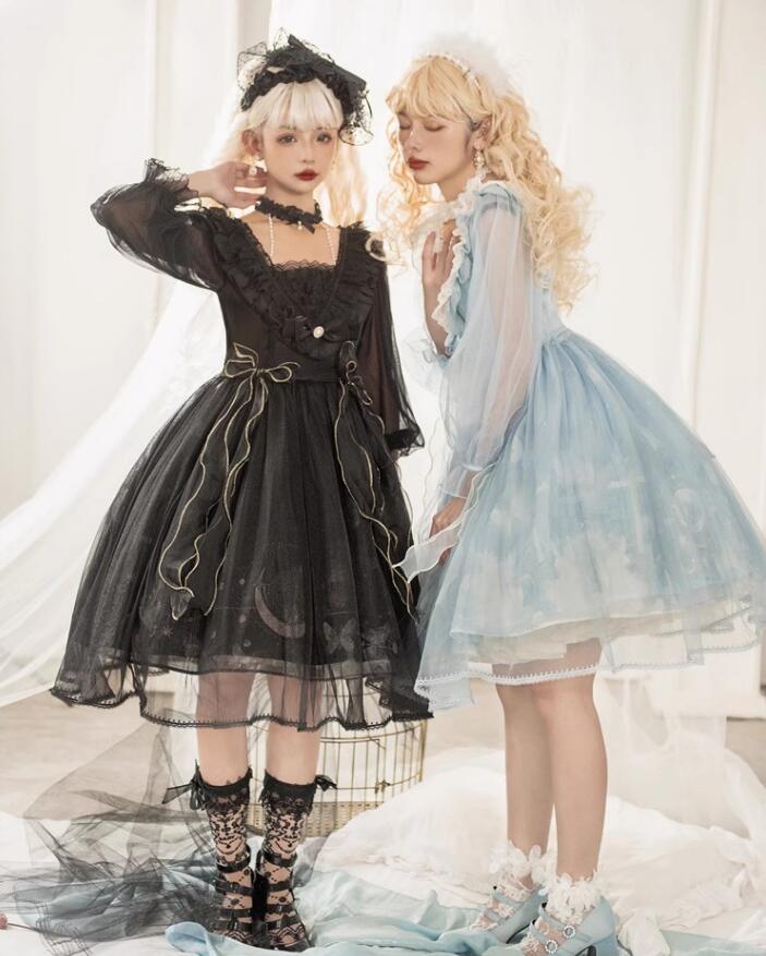 ロリータワンピース お姫様 ワンピース ロリータ服 半袖/長袖 膝丈 Vネック プリンセスドレス 可愛い コスチューム 学園祭 文化祭 イベント衣装 撮影 ロリータドレス ブルー ブラック