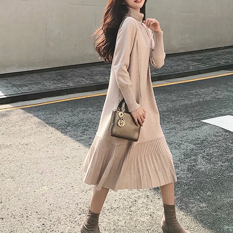 ワンピース レディース ニットワンピース 裾プリーツ ハイネック ニット ドレス 長袖