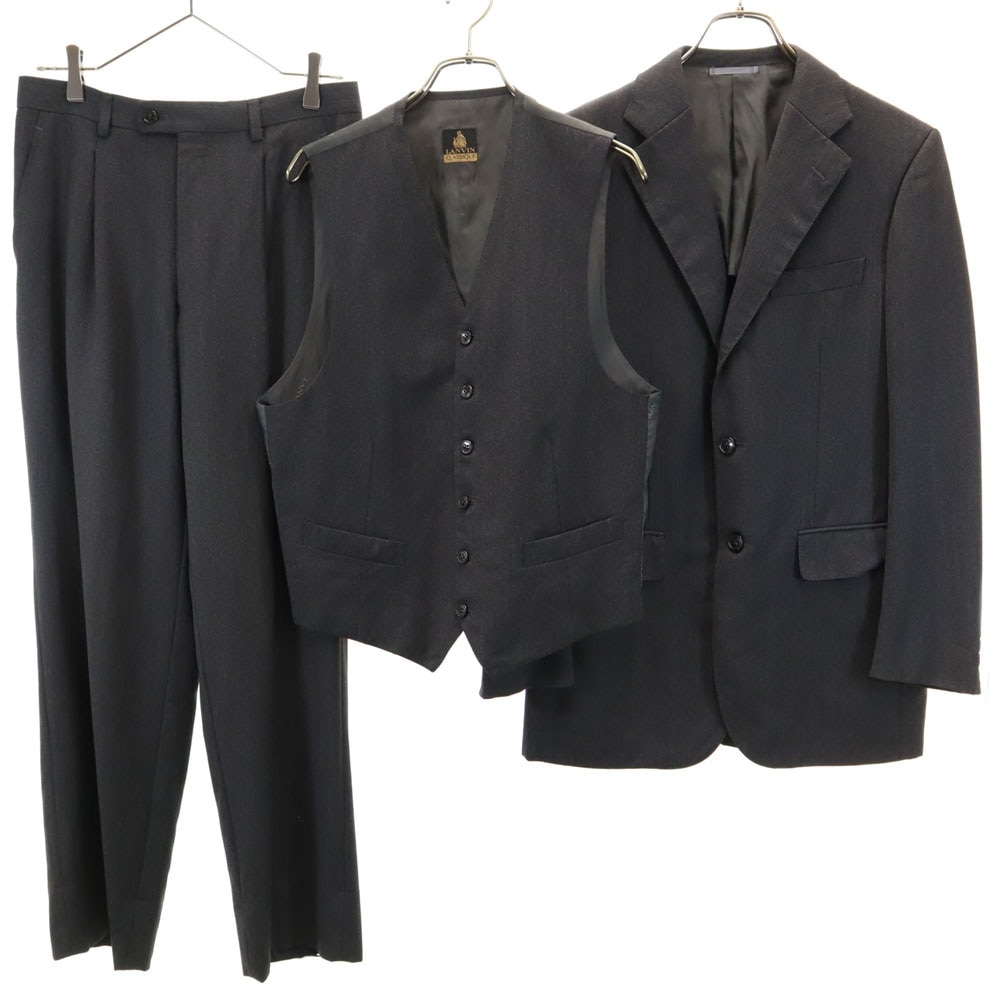 ランバン クラシック 90s オールド ストライプ ヘリンボーン柄 3ピース スーツ 上下セットアップ 48 チャコールグレー LANVIN CLASSIQUE メンズ