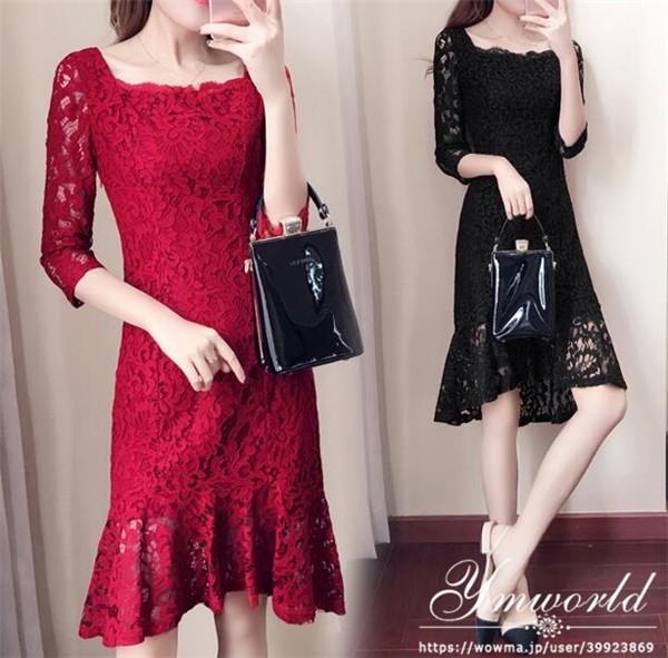 パーティードレス 結婚式のお呼ばれ40代フォーマルワンピース 総レース 刺繍 ワンピース ひざ丈 7分袖 セレモニードレス フィッシュテール 赤 黒 お呼ばれ 謝恩会 結婚式 年末のプロモーション