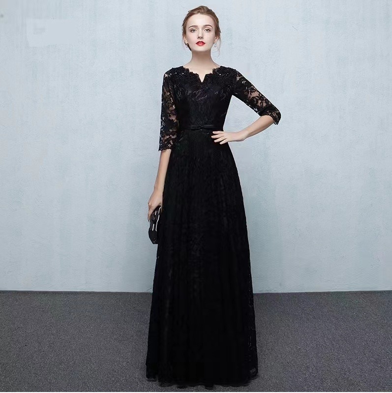 ロング丈レースドレス黒ブラック着痩せ7分袖パーティードレス結婚式二次会ドレスロングドレスフォーマルワンピースレース