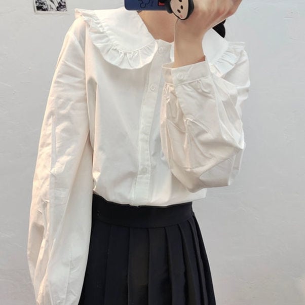 カレッジ風 レトロ ピーターパンカラー 制服シャツ レディース 長袖 ブラウス929