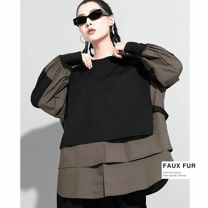 フェイクレイヤードtシャツ長袖レディーストレーナー異素材スウェット切り替え長袖トップスプルオーバー大きいサイズ体型カバー無地通勤シンプル上品着回し個性的上品きれいめ3040