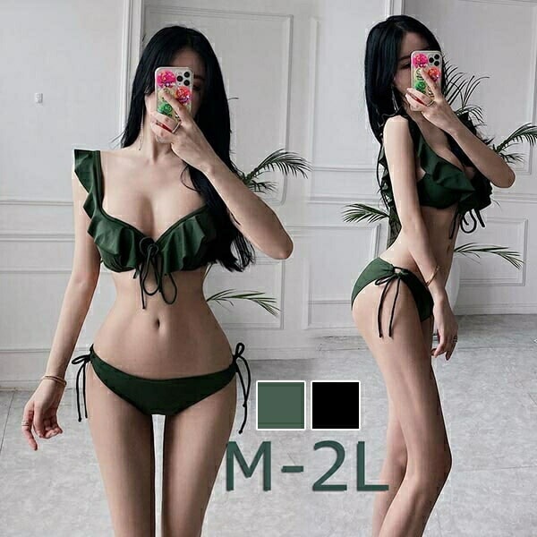 【激安開催！】水着 ビキニ バックシャン 小柄 パッド付 レディース カーキ ブラック 温泉 かわいい セクシー 韓国風 大人 女性用