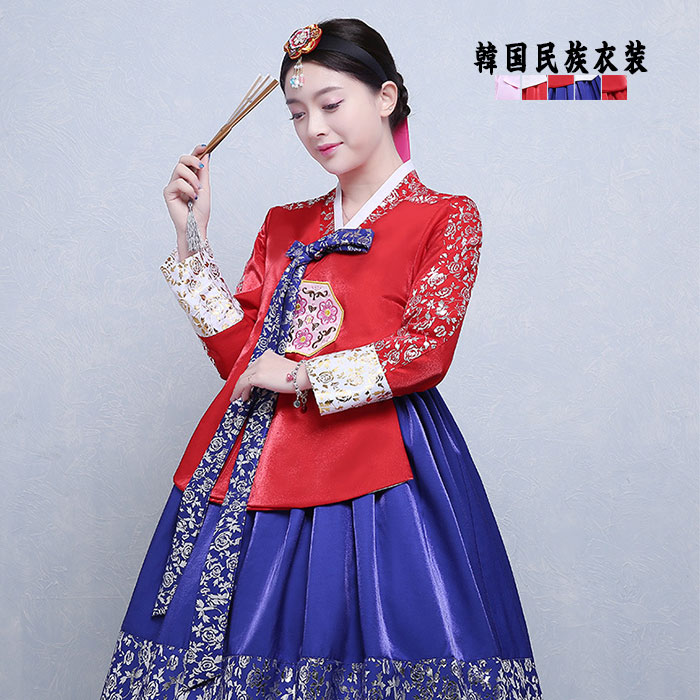 韓国民族衣装 チマチョゴリ 韓服 刺繍 裾花柄プリント 華やか レッド ブルー ピンク S M L LL 2L ウエディングドレス 結婚式ドレス 二次会ドレス 学園際 文化際 イベント服 コスプレ 仮