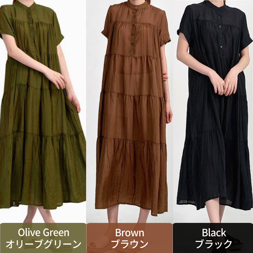 ラウンドネック ティアード ロング フレア ワンピース 3色 単色ではなく輝く素材のボリューム感のあるデザイン 高級で魅力あり ソウルスタイル 韓国スタイル