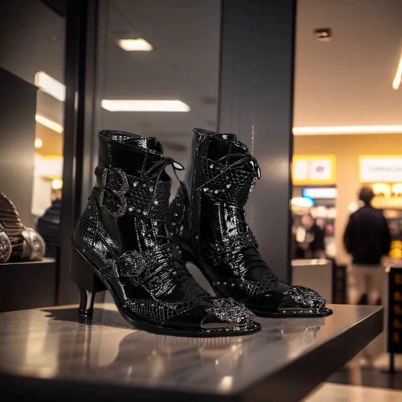 男性用スネークプリントのレザーブーツ ソペンタイン カスタムパーティーブーツ ラグジュアリー 先のとがったブーツ