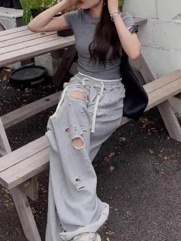 レディース ファッション オシャレ カワイイ シンプル 人カワイイ きいサイズ レースアップ ストレッチ ウエスト リッピング ワイド レッグ ストレート カジュアル パンツ グレー ハイウエスト ロ