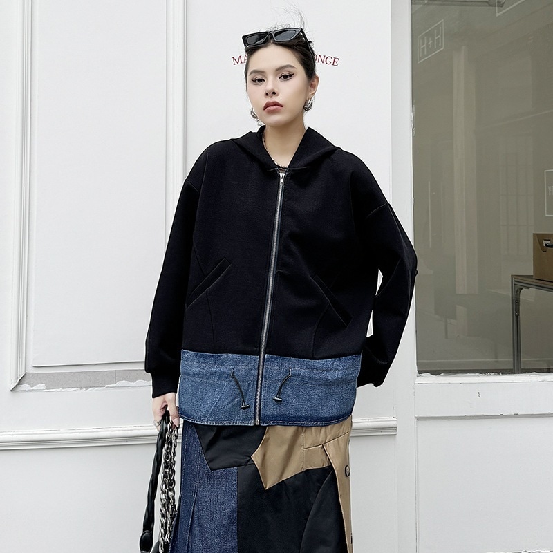 【J.Fashion】 2024秋新品 デニムドッキング ファスナー パーカー スウェット トレーナー レディース ジャケット アウター メガ割 リブニット 4,867円