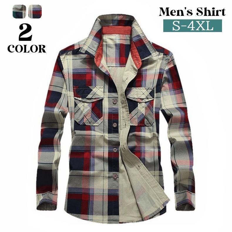 カジュアルシャツ 長袖 メンズ トップス 胸ポケット付き 前開き ボタン チェック柄 紳士服 スタンダードカラー 大きいサイズあり 男性用 上着 羽織