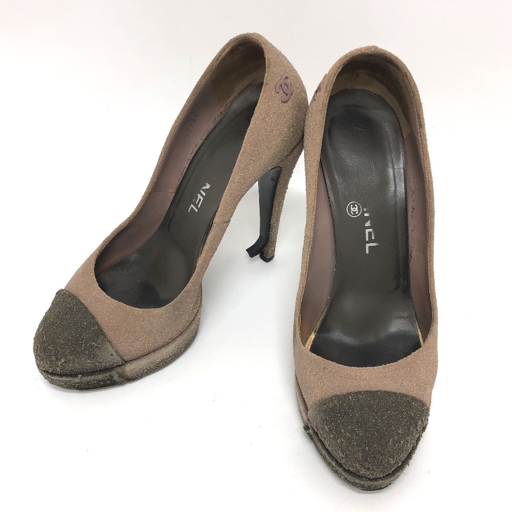 パンプス バイカラー 靴 ハイヒール キラキラ ココマーク ピンヒール レザー ベージュ