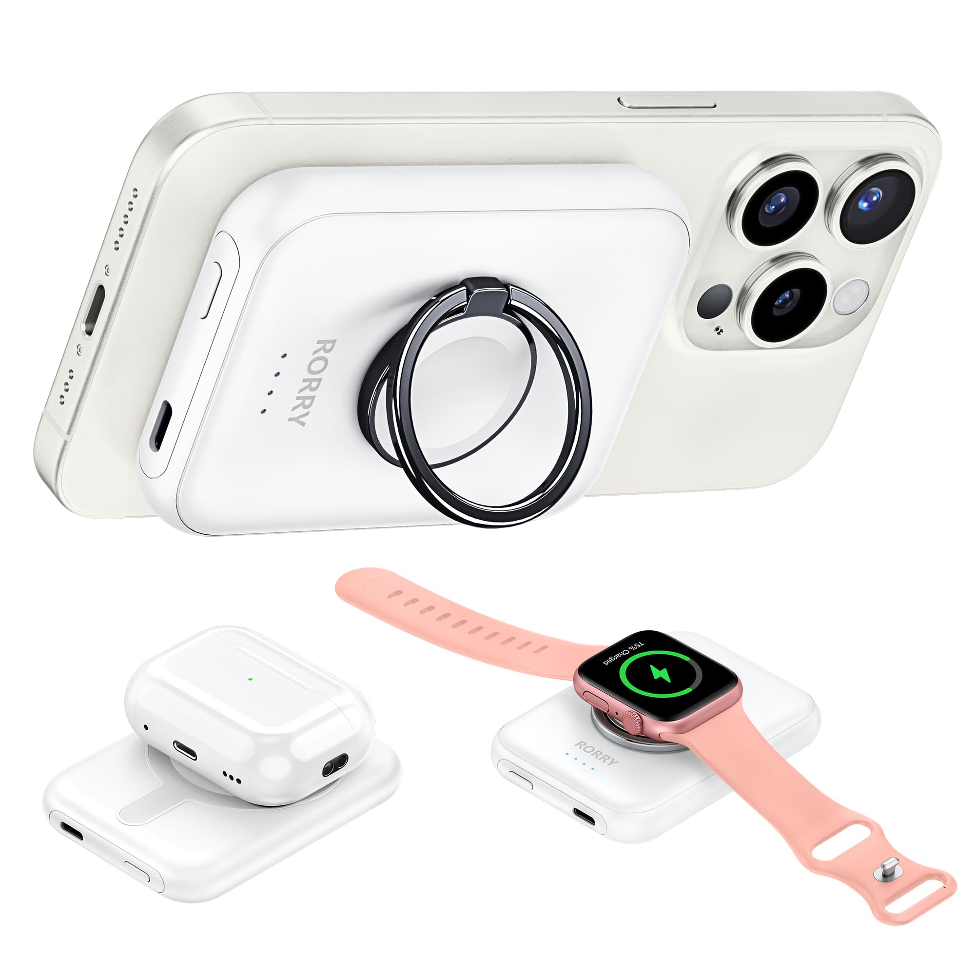 RORRY 【業界進化！magsafeモバイルバッテリー・スマホリング＆スタンド機能付】For Apple Watch充電器 5000mAhワイヤレス充電 i PhoneとIWatch同時充電 小型 5,126円