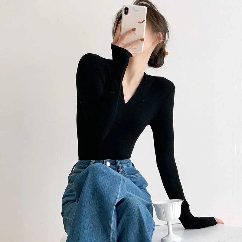 ブラックVネックタイトボトムシャツ女性春秋作万能カシミヤインナージャンパースリムニットトップス