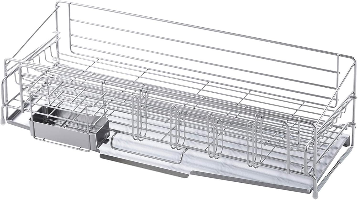 下村企販 容量を増やせる 伸縮 水切りラック 奥行58cm 【日本製】 シンク上 食器と鍋を分けて水切りできる 5連グラスホルダー・箸ポケット付き 台所 水切りかご ステンレス 燕三条 41714