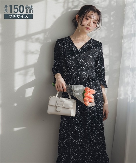 ロング・マキシ丈/半袖 小さいサイズ　総柄カシュクールティアードワンピース　低身長さん・小柄女性