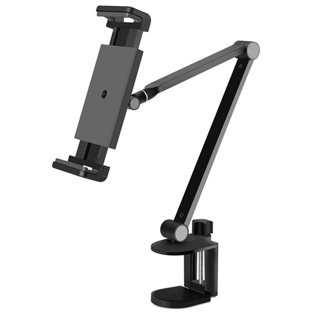 回転式ロングアームタブレットホルダー iPad用ユニバーサルクリップ 折りたたみ式携帯電話ホルダー 高さと角度調整可能 黒