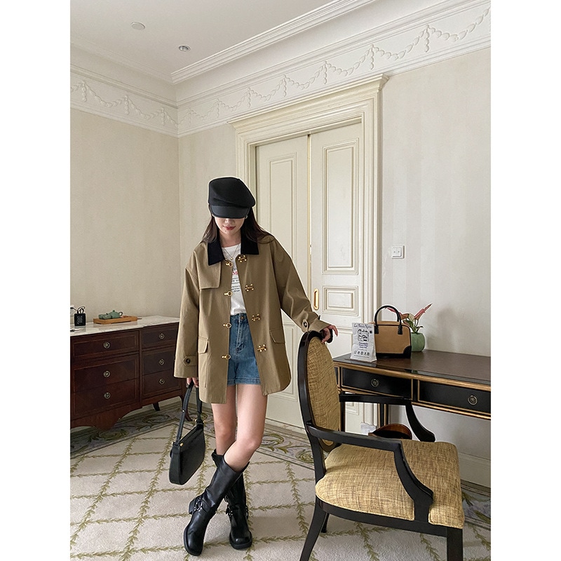 風コントラストカラー小さなアクセント小さなミドル丈ウインドブレーカージャケット飛行機ボタン付き 1217