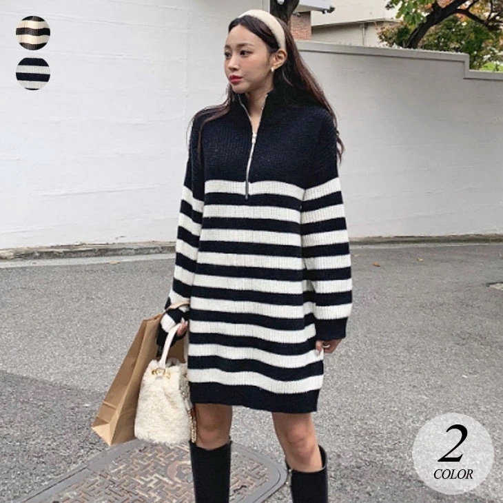 ニットワンピース ハーフジップ 襟付き ボーダー ニット ミニ ワンピース ハイネック セーター 長袖 ワンピース ニットおしゃれ ゆったり カジュアル シンプル カジュアル きれいめ 秋冬 レディー