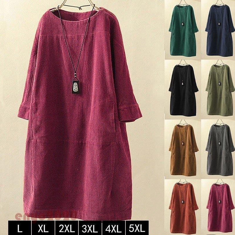 【即納】ロングワンピース レディース 40代 春 秋 ロング チュニック 体型カバー aライン 膝丈 長袖 ひざたけ ゆったり 大きいサイズ 50代 緑 藍 6L