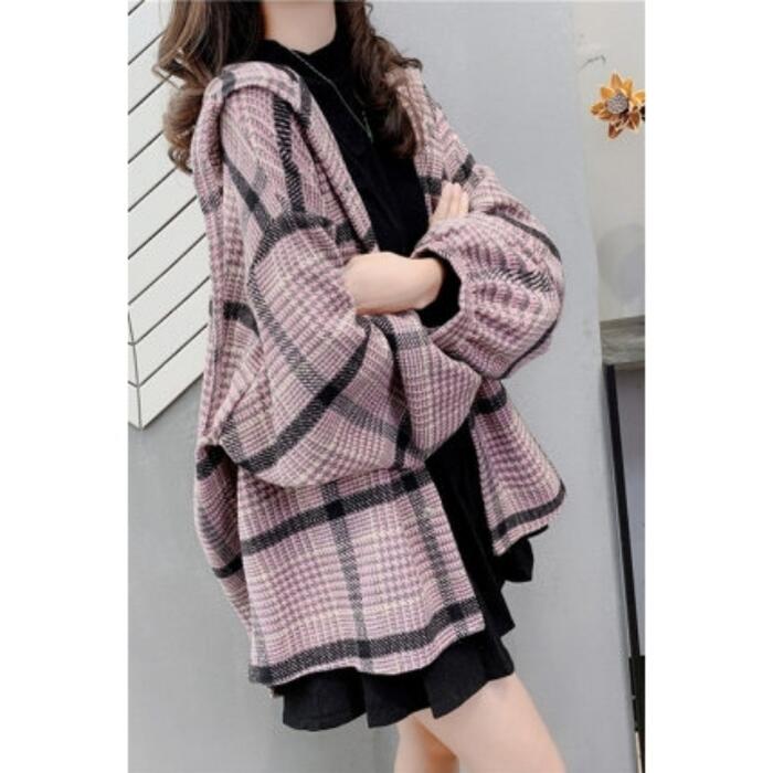 羽織り 春 おしゃれ 体型カバー カジュアル ジャケット トラッド チェック レディース コート 秋 30代 かっこいい ゆったり ブルゾン オーバーサイズ フード パープル 50代 アウター 冬