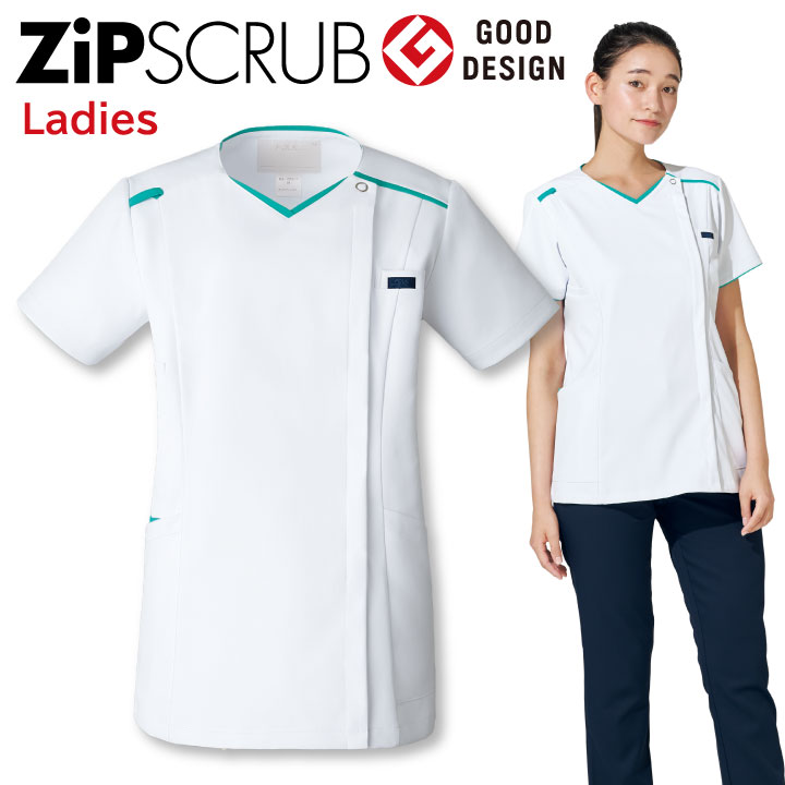 スクラブ FOLK ジップスクラブ レディース 白衣 半袖 前開き ストレッチ さわやか 清潔感 シャツ チームスクラブ フォーク 半袖スクラブ /fo-7066sc