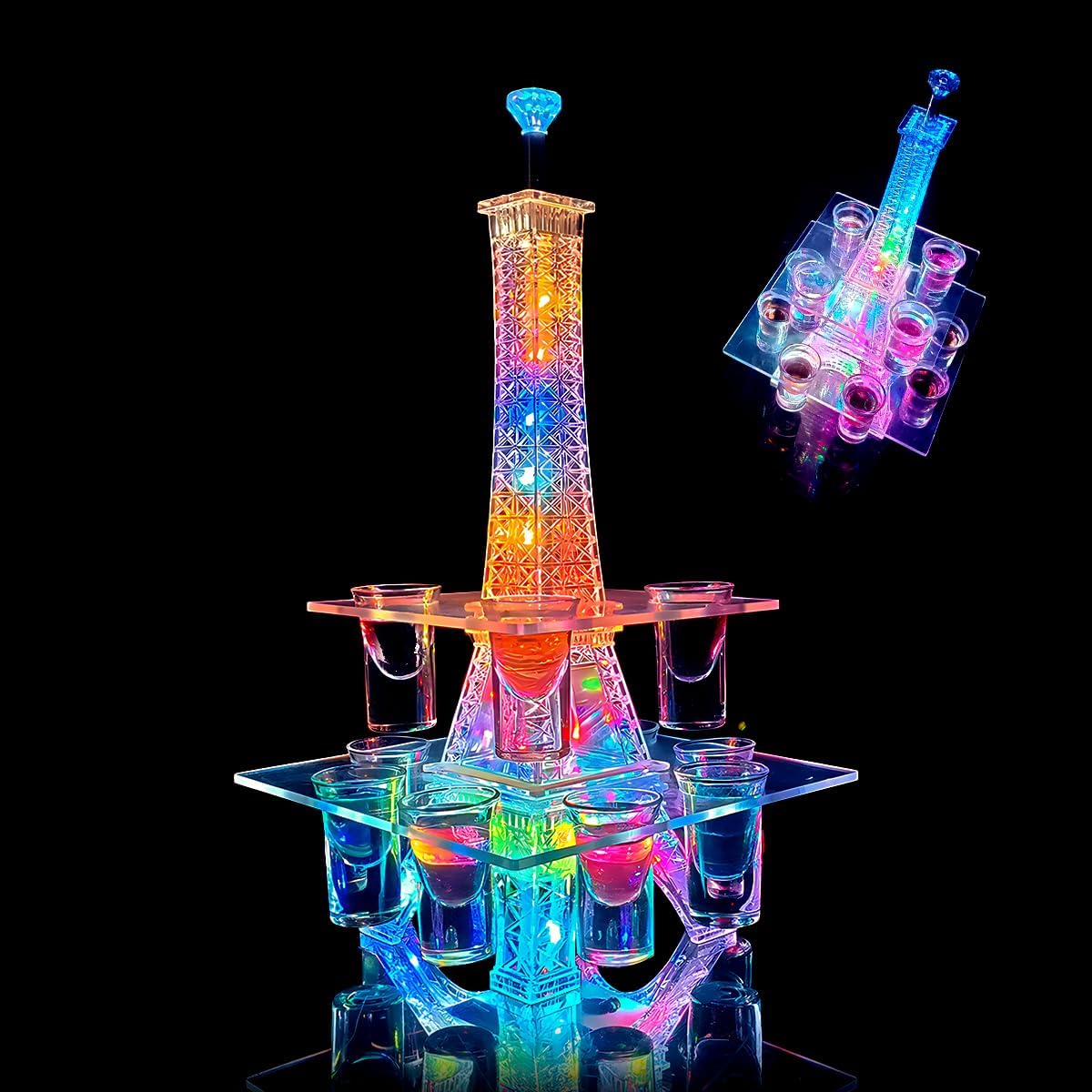 エッフェル塔 LED酒グラス棚 観覧車 酒カップホルダー 酒グラススタンド グラス12/24個付き LEDランプデザイン 卓上自立型 USB充電式 コードレス 雰囲気作り 忘年会 新年会 クラブ