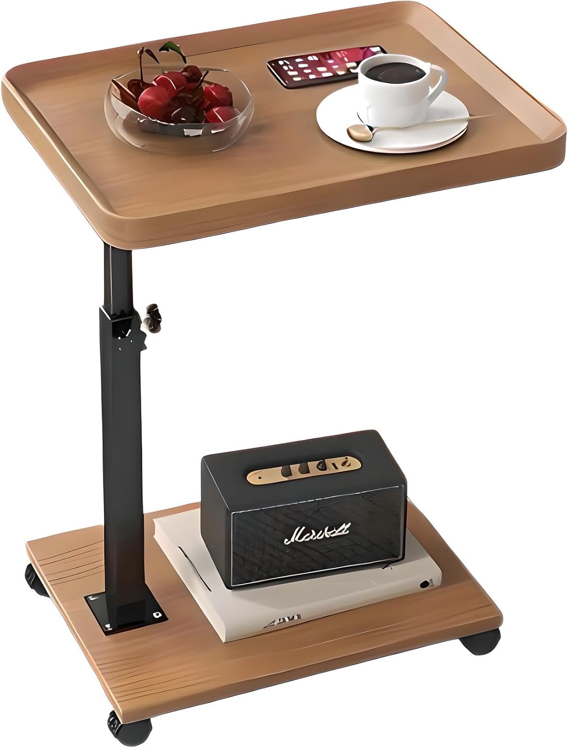 昇降式回転サイドテーブル 高さ調節可能 木目調天板 コの字型ベース 小型 組立簡単