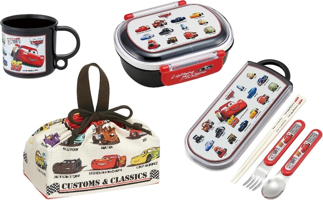 スケーター(Skater) カーズ 25 抗菌 食洗機対応 ふわっとフタタイトランチボックス 小判型 お弁当箱 360ml トリオセット (箸/スプーン/フォーク) コップ ランチ巾着 マックイーン