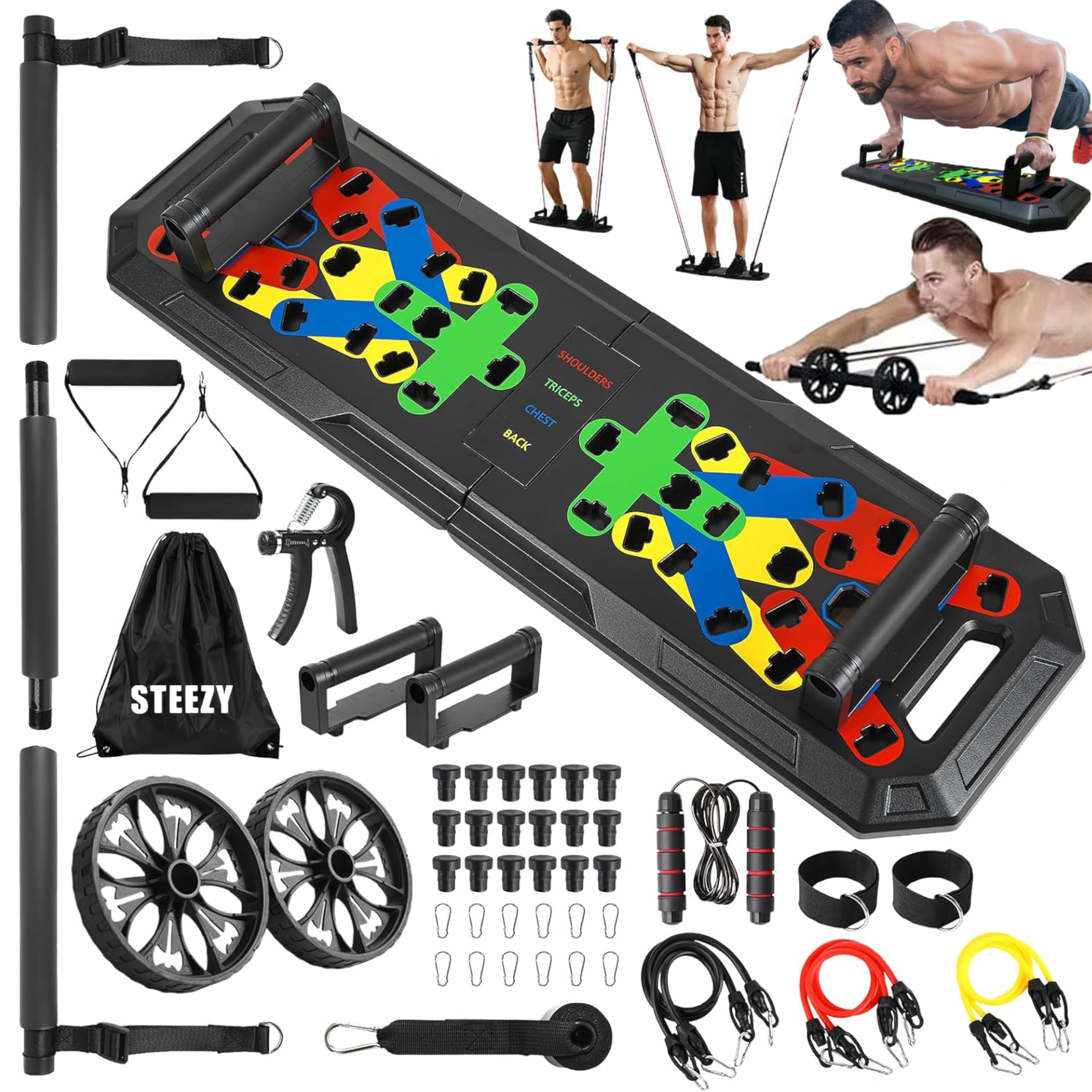 プッシュアップボード 腕立て ホームジム ポータブル オールインワン 自宅 トレーニング 器具 push up bar 筋トレ 腹筋ローラー アブローラー コロコロ レジスタンスバンド 握力グリップ