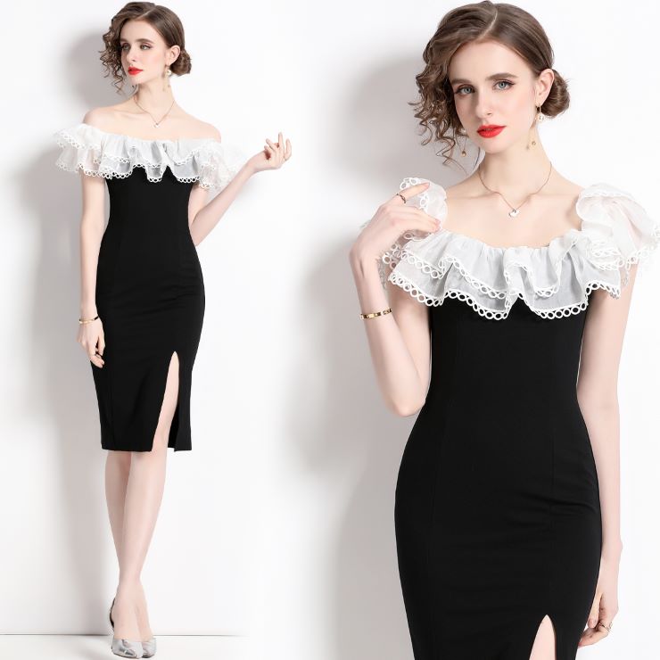 【10月15日20時 新作】　ラッフルショルダースリットワンピース ラッフルショルダースリットワンピース パーティードレス 結婚式 フォーマル ワンピース フォーマル 卒業式 入学式 二次会 披露宴