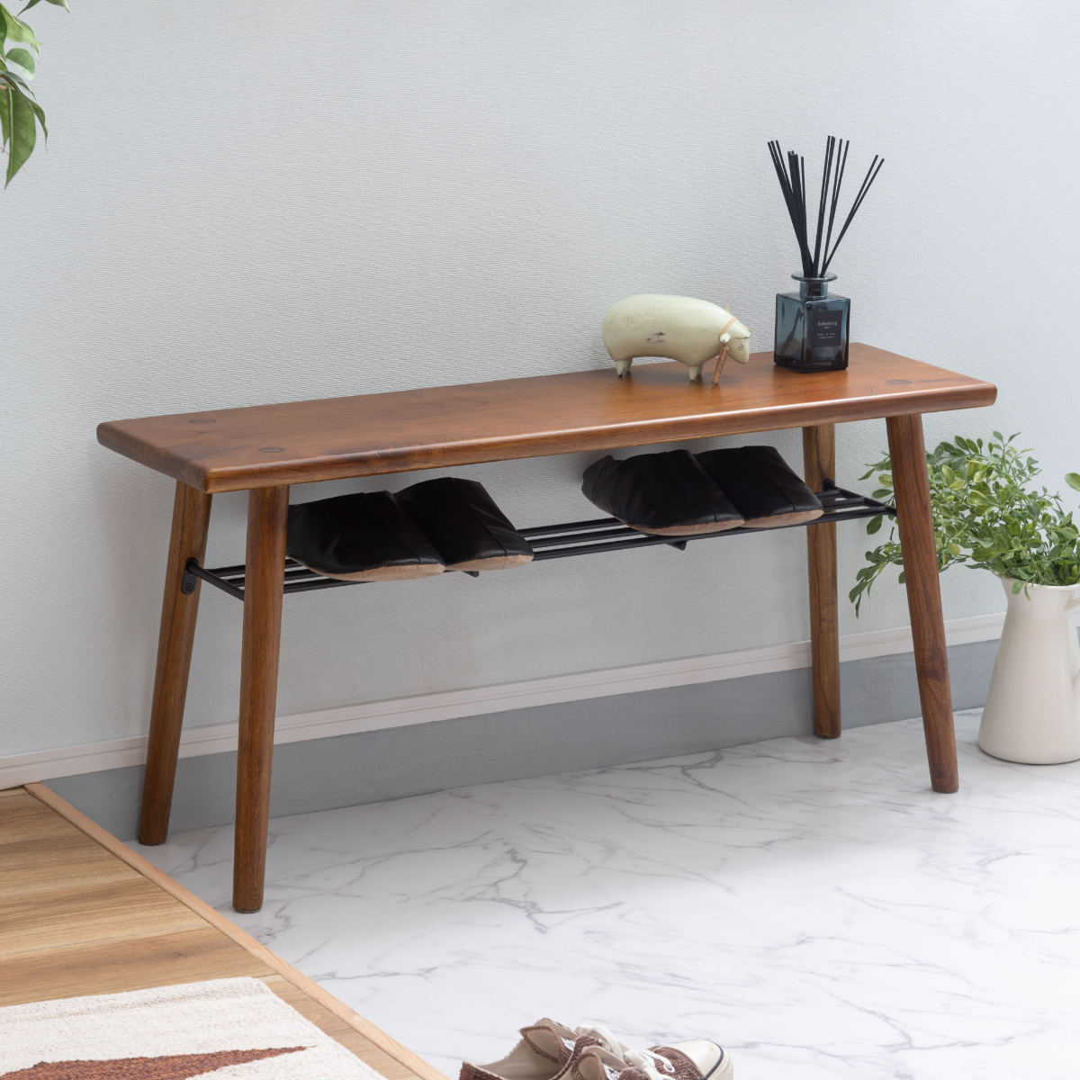 ベンチ 幅95cm 玄関 天然木 ダイニングベンチ 椅子 いす 長椅子 アイアン 奥行25cm スリム 木製 完成品 棚付き 収納 リビング プランタースタンド 北欧風