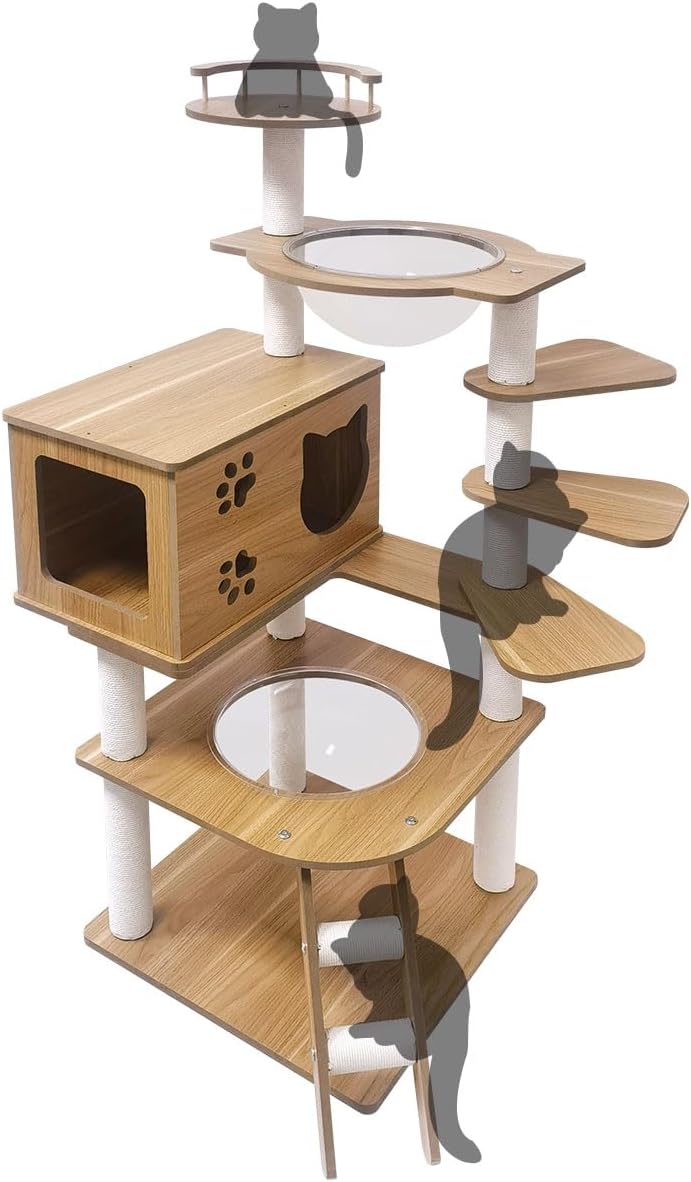 日本メーカー RAKU キャットタワー 木製 子猫向け 透明ボウル 宇宙船付き 高さ約130 cm 多頭飼い 猫ハウス 角丸加工 掃除簡単 多ステップ 階段付き ホワイトコットン支柱 爪とぎポール