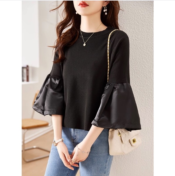 トップス カットソー 白トップス 袖あり 5分袖 五分袖 トランペットスリーブ Uネック ラウンドネック フリル 快適 着心地 かわいい 大人可愛い きれいめ シンプル カジュアル 大人 おしゃれ