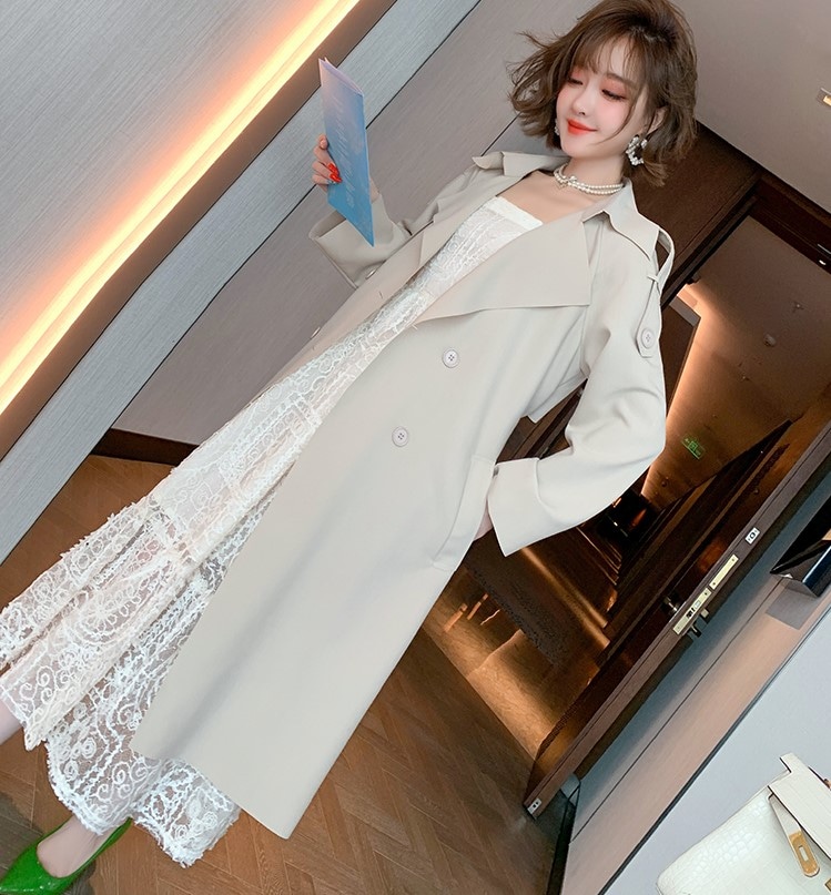 韓国ファッション　トレンチコート ノースリーブレースワンピース２ピースセット２色展開レースワンピ