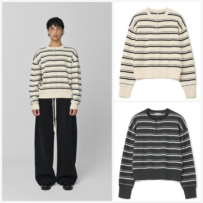 【MILLO ARCHIVE】25FW PAUSE STRIPE HENLEY NECK KNIT : 2COLORS