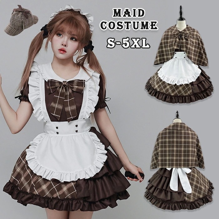 【大人気N0.1】メイド服 ハロウィン コスプレ 衣装 探偵服 可愛い ロリータ 探偵衣装 半袖 チェック柄 探偵 仮装 面白い ハロウィン仮装 お姫様 女性 大人 ミモレ丈 ドレス コスチューム フ