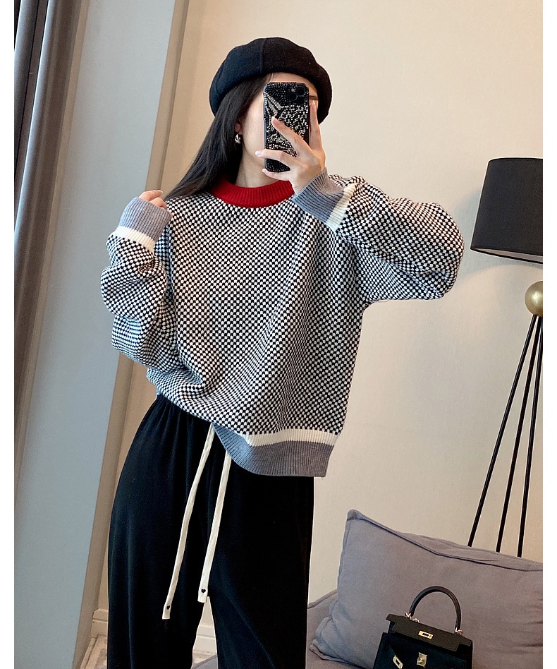 カラーブロック チェック ニット 厚手 セーター レディース ファッション ゆったり インナー トップス 秋 冬 ヨーロッパ ステーション ヨーロピアン グッズ S M L XL トップス 袖あり
