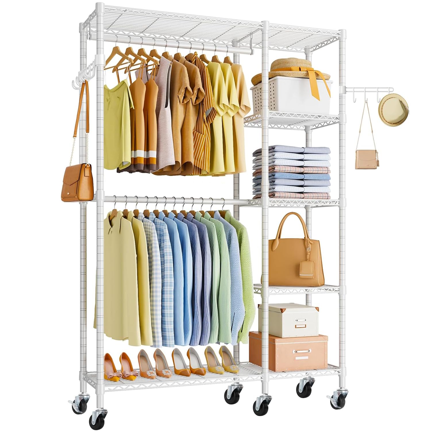 ハンガーラック 頑丈 2段 大容量 洋服ラック 耐荷重260kg ワードローブ 2段 クローゼット 洋服掛け 省スペース＆キャスター付き おしゃれ 高さ調節可能 防サビ加工 衣類収納 組み立て簡単 家