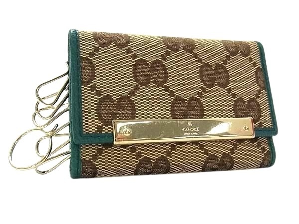 キーケース GGキャンバス 127048 ベージュ ブラウン グリーン系 キャンバス レザー ユニセックス ゴールド金具【本物保証】