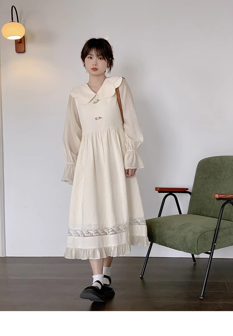 プラスサイズ 女性 プルオーバー アプリコット ロングスカート 春 夏 スタイル ドレス ワンピース ロング ロング丈 袖あり 長袖 Uネック 襟付き かわいい 大人可愛い カジュアル 大人 上品