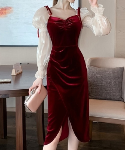 レディース ドレス パーティードレス カラードレス パーティー 結婚式 披露宴 膝丈 長袖 パフスリーブ Vネック スレンダー タイト スリム 細身 レース シフォン フリル リボン スリット