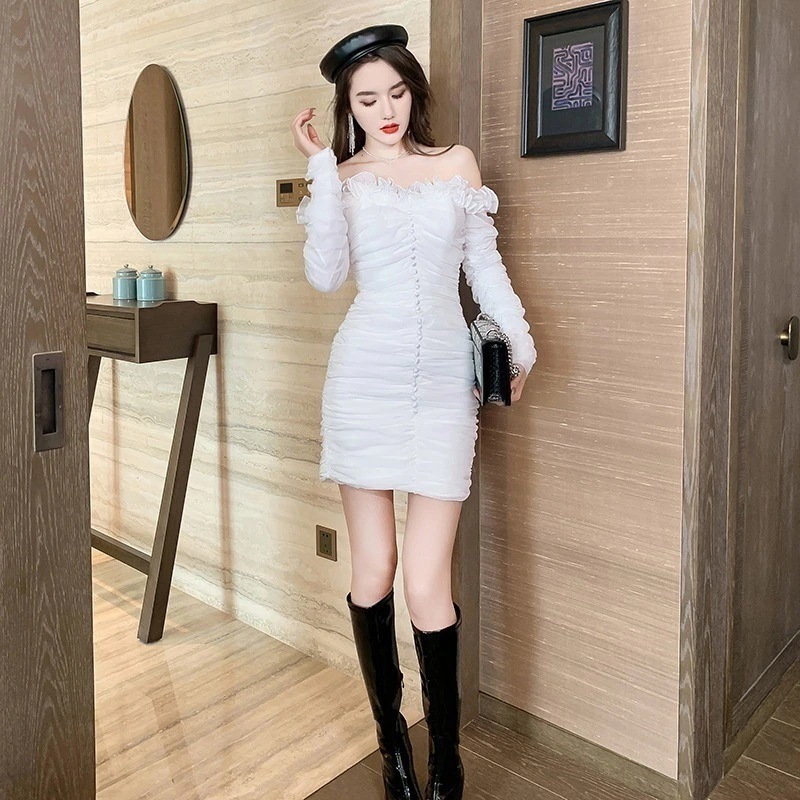 【Fellow 20％割】秋 皺 ベアワンピ チュール オフショルダー パーティードレス 着痩せ 大人 お呼ばれ 同窓会 披露宴 卒業式 結婚式 ウェディング 二次会 成人式30%までに制限