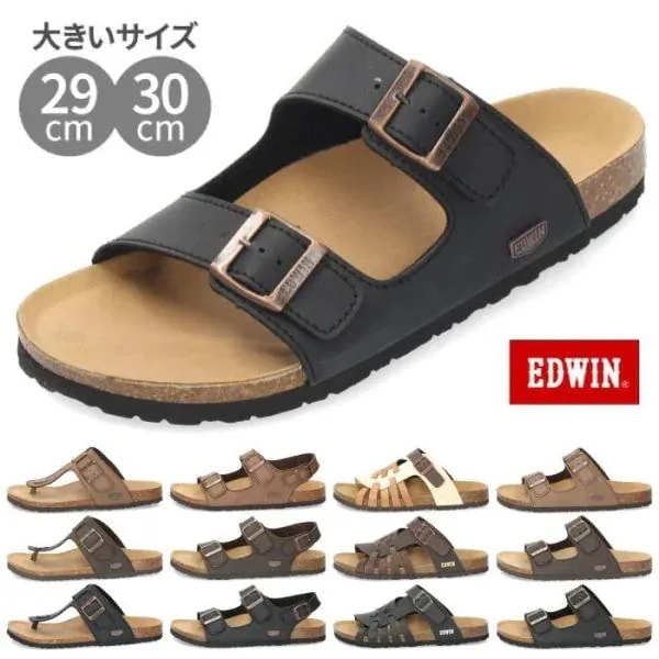 EDWIN エドウィン サンダル メンズ フットベッド ブラック ダークブラウン シンプル 合皮 天然コルク 大きいサイズ 29cm 30cm セール