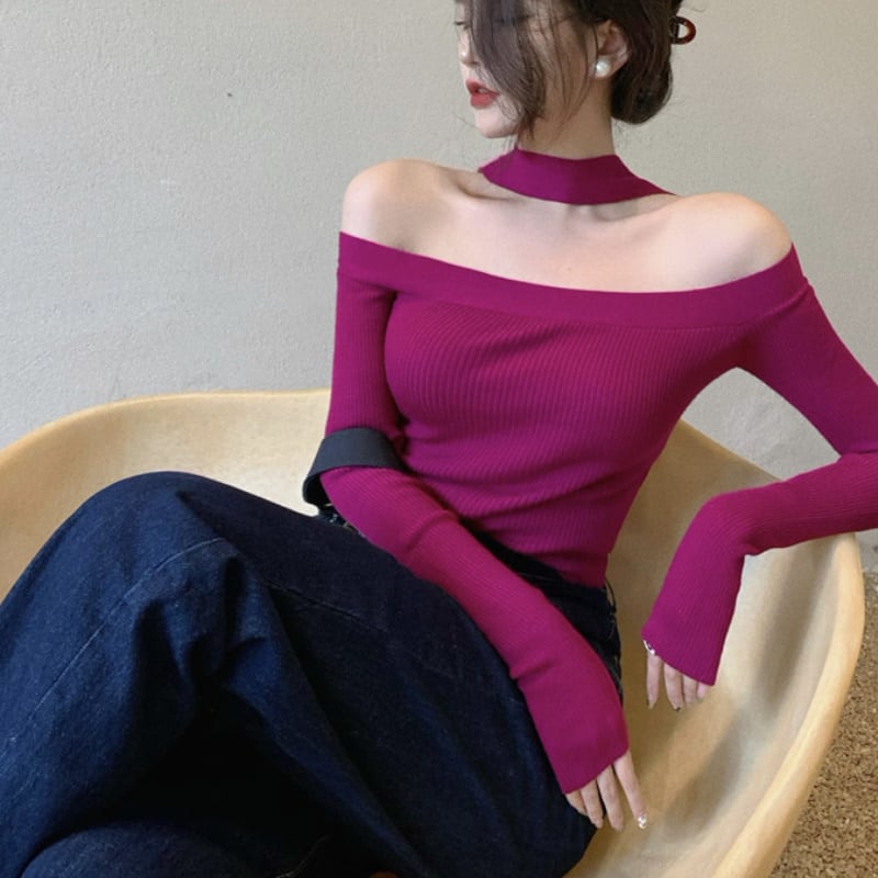 3color レディース トップス ニット セーター デコルテライン パープル グリーン 118