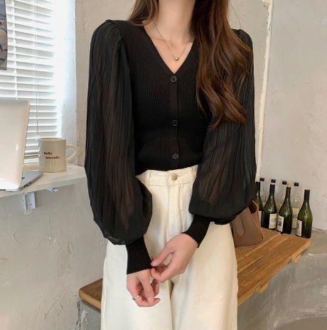 個性的 トップス カーディガン 袖あり 長袖 ボリューム袖 Vネック スリム タイト 切り替えデザイン シフォン 薄手 かわいい 可愛い きれいめ シンプル 上品 おしゃれ お洒落 レトロ